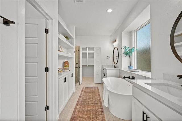 bathroom featuring vanity, wood-type flooring, and plus walk in shower