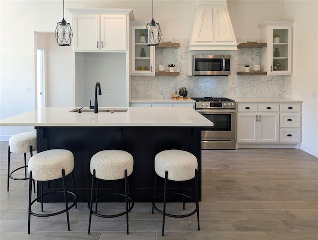 kitchen featuring white cabinets, sink, appliances with stainless steel finishes, and an island with sink