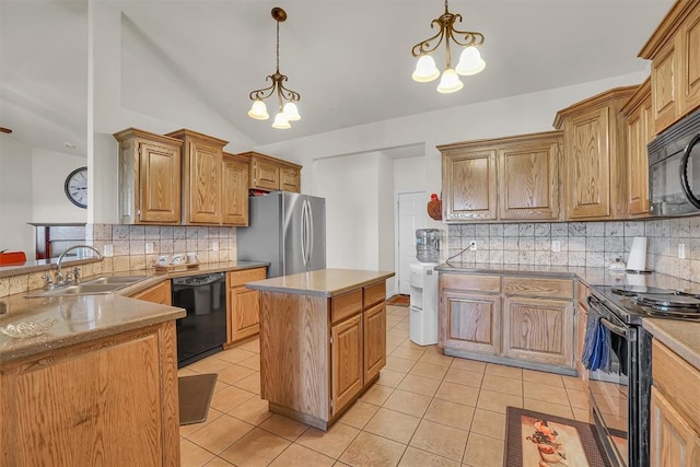 kitchen featuring tasteful backsplash, hanging light fixtures, black appliances, and an inviting chandelier