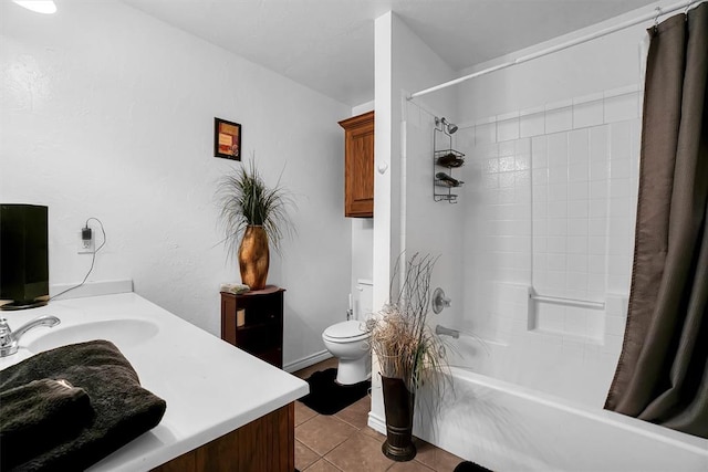 full bathroom featuring tile patterned floors, vanity, shower / tub combo, and toilet