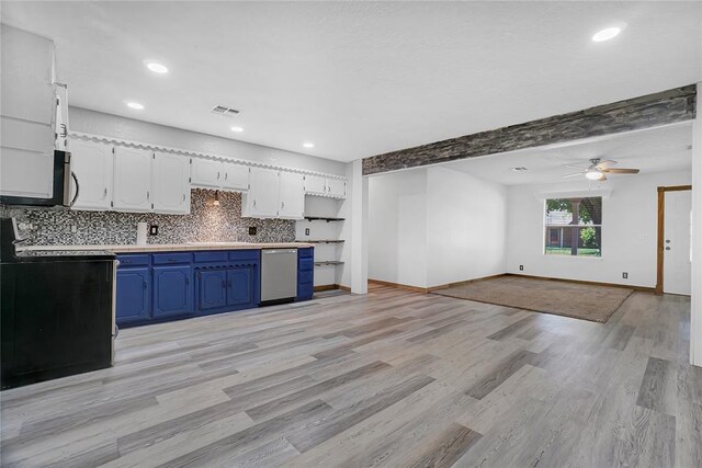 kitchen with appliances with stainless steel finishes, blue cabinets, ceiling fan, white cabinets, and light hardwood / wood-style floors