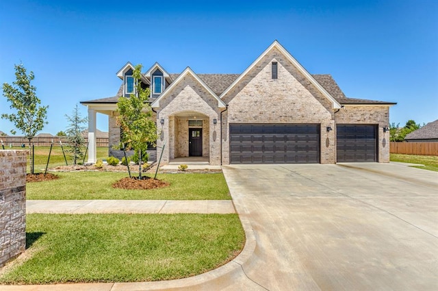 view of front of property with a front yard and a garage