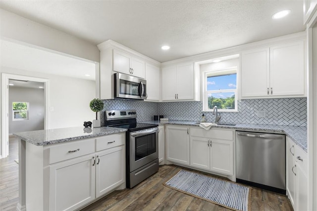 kitchen featuring white cabinetry, sink, light stone counters, dark hardwood / wood-style flooring, and appliances with stainless steel finishes