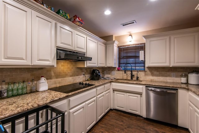 kitchen with black electric cooktop, dishwasher, white cabinets, and sink