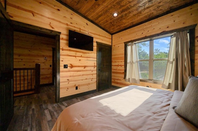 bedroom with wooden walls, wooden ceiling, vaulted ceiling, and dark wood-type flooring