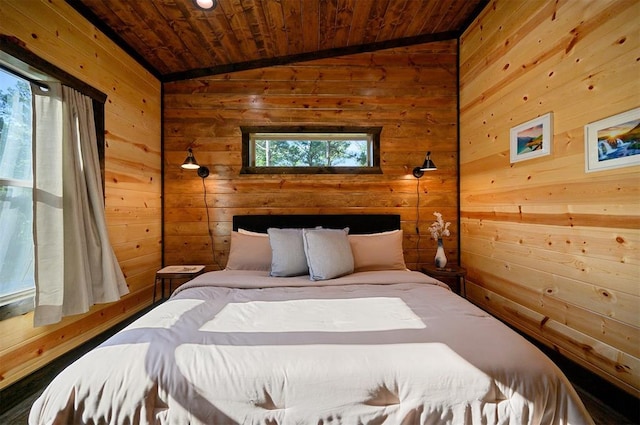 bedroom with wood walls, wood ceiling, and lofted ceiling