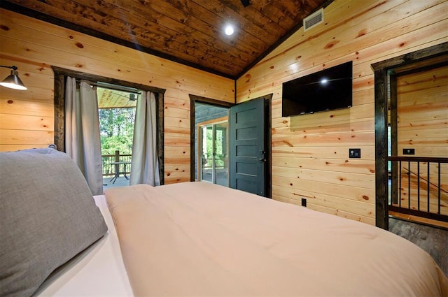 bedroom with access to exterior, wood ceiling, vaulted ceiling, wooden walls, and hardwood / wood-style flooring