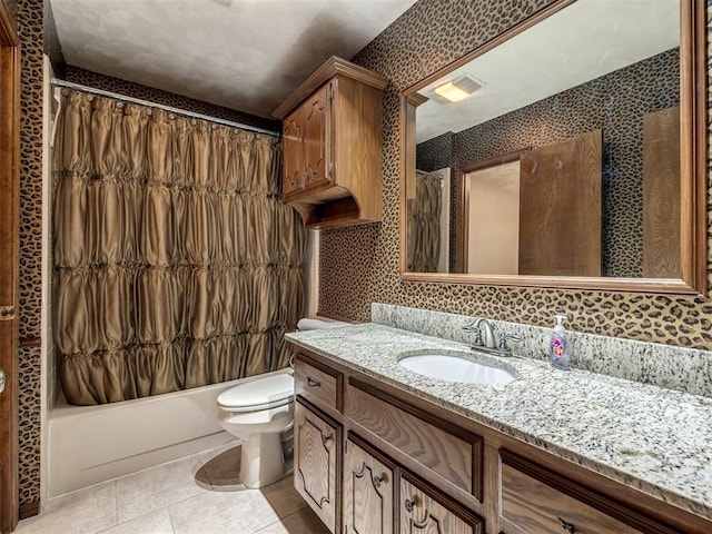 bathroom with vanity, toilet, shower / bath combination with curtain, wallpapered walls, and visible vents