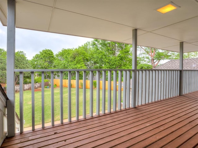 wooden terrace featuring fence and a yard