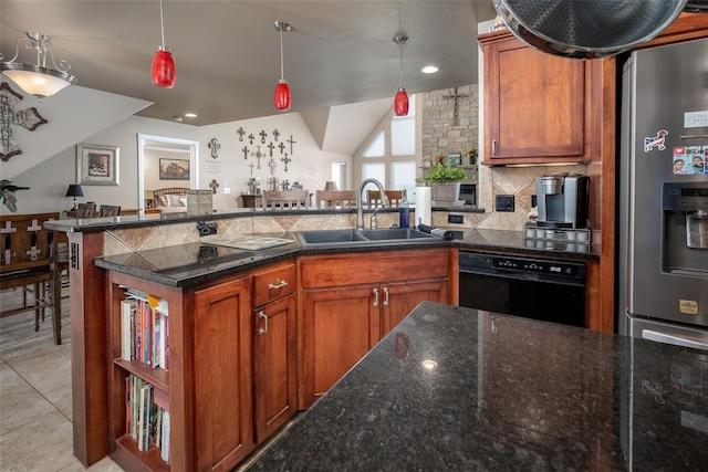 kitchen featuring dishwasher, pendant lighting, decorative backsplash, light tile patterned flooring, and sink