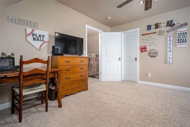 carpeted bedroom featuring ceiling fan