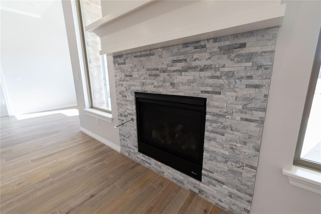 interior details with hardwood / wood-style floors and a fireplace