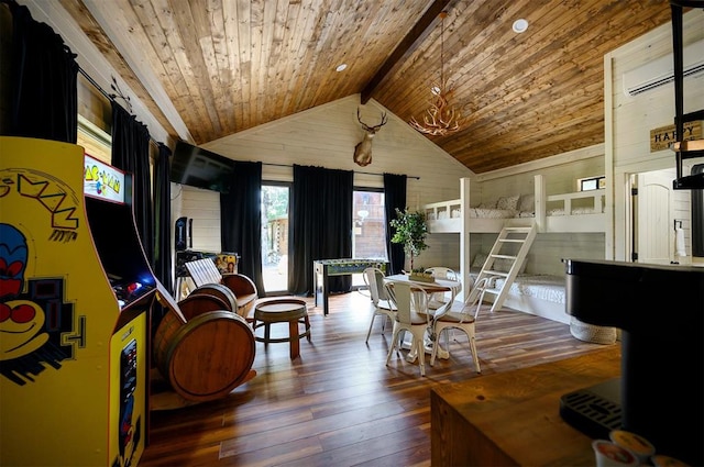 dining area featuring lofted ceiling with beams, wood-type flooring, wood ceiling, and an AC wall unit