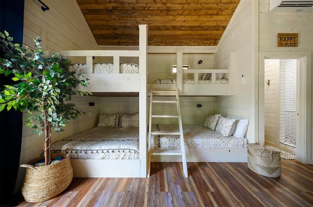 unfurnished bedroom with wood ceiling, wood-type flooring, lofted ceiling, and wooden walls