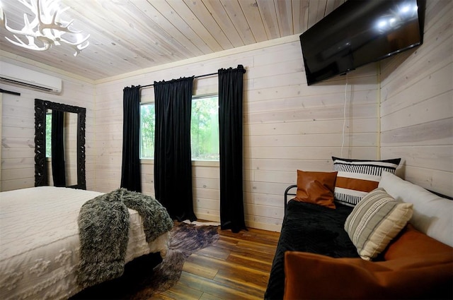 bedroom with wooden walls, a wall mounted AC, dark wood-type flooring, and wood ceiling