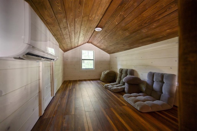 bonus room featuring dark hardwood / wood-style flooring, wooden walls, lofted ceiling, and wood ceiling