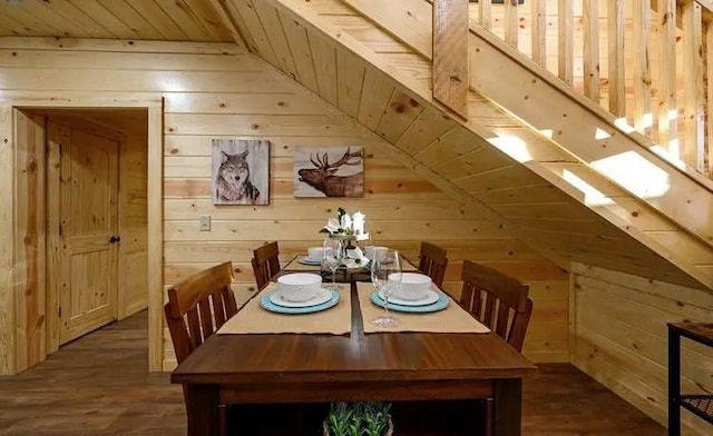 unfurnished dining area with vaulted ceiling, wood ceiling, dark wood-type flooring, and wood walls