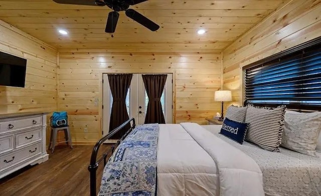 bedroom featuring wood walls, ceiling fan, wooden ceiling, and hardwood / wood-style flooring