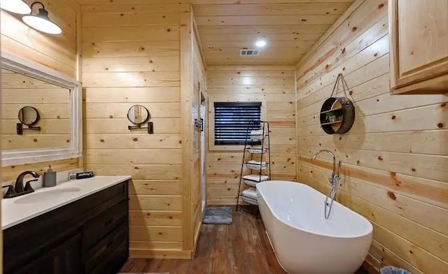 bathroom with a bath, wood-type flooring, wooden walls, and wood ceiling