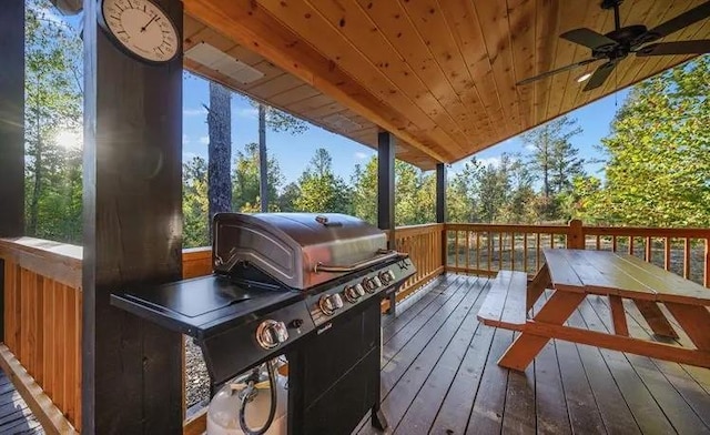 wooden terrace with grilling area and ceiling fan