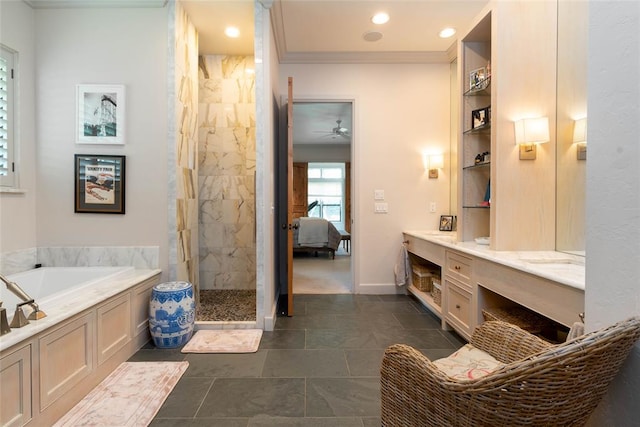 bathroom with vanity, ceiling fan, ornamental molding, and independent shower and bath