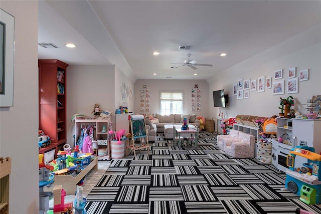 game room featuring ceiling fan and carpet floors