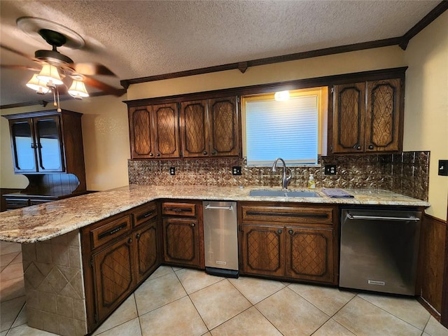 kitchen with kitchen peninsula, decorative backsplash, ornamental molding, a textured ceiling, and dishwasher