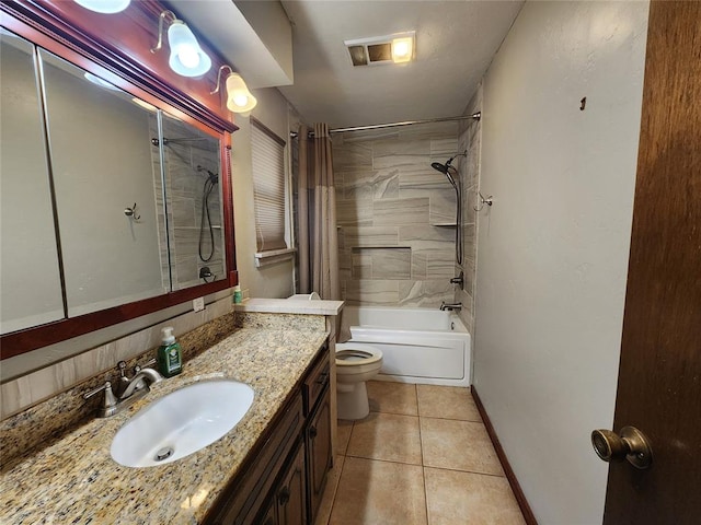 full bathroom with tile patterned flooring, vanity, toilet, and shower / bathtub combination with curtain