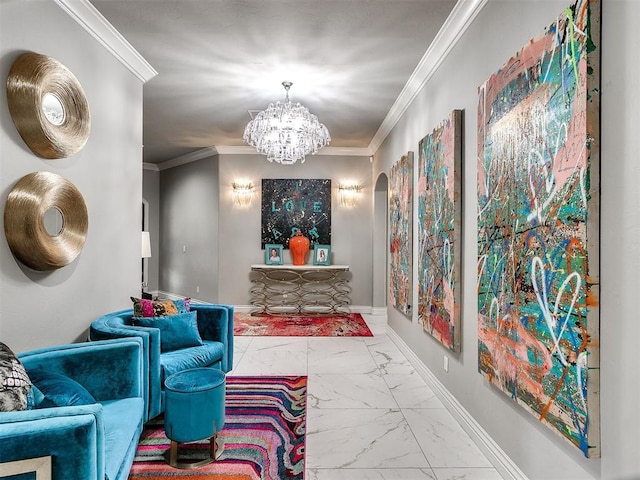 corridor featuring crown molding and an inviting chandelier