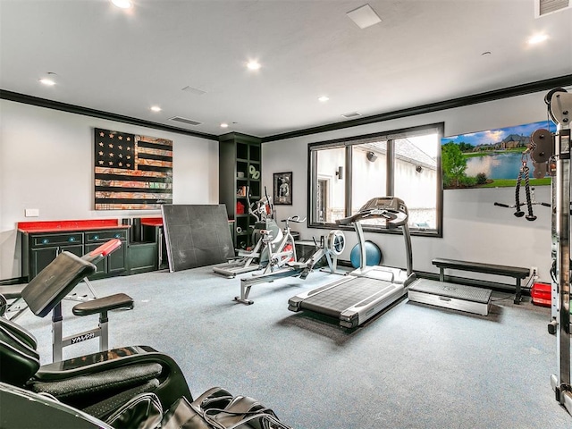 workout room with crown molding