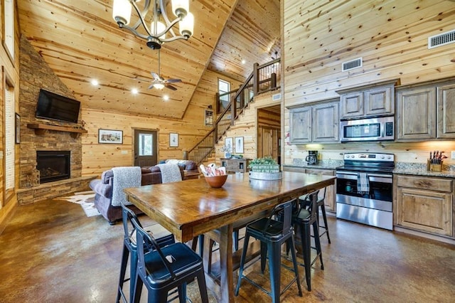 dining room featuring high vaulted ceiling, ceiling fan with notable chandelier, wooden walls, a fireplace, and wood ceiling