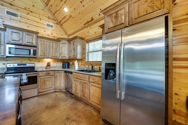 kitchen with wooden ceiling, high vaulted ceiling, sink, appliances with stainless steel finishes, and light stone counters