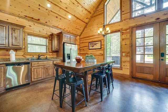 dining space featuring wood walls, wood ceiling, and sink