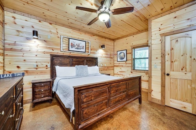 bedroom with ceiling fan, wooden ceiling, and wooden walls