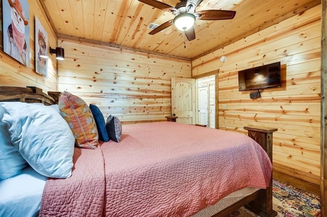 bedroom with ceiling fan, wooden ceiling, and wood walls