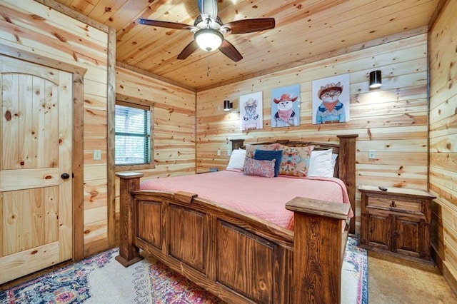 bedroom featuring ceiling fan, wood ceiling, and wood walls