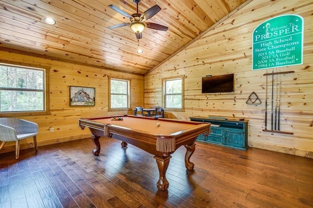 game room featuring billiards, hardwood / wood-style floors, lofted ceiling, wooden walls, and wood ceiling