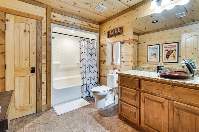 full bathroom featuring shower / bath combo, vanity, wooden ceiling, toilet, and wood walls