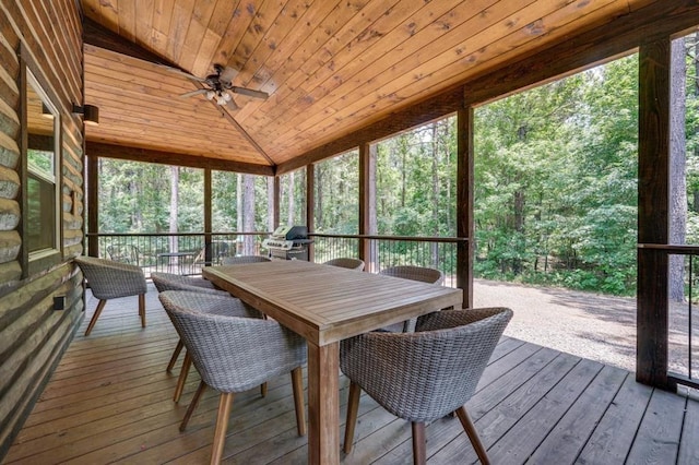 sunroom / solarium featuring lofted ceiling, wooden ceiling, ceiling fan, and a healthy amount of sunlight