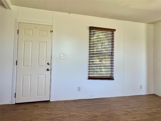 interior space featuring a textured ceiling and dark hardwood / wood-style floors