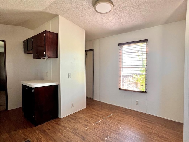 kitchen featuring dark brown cabinets, wood-type flooring, a textured ceiling, and vaulted ceiling