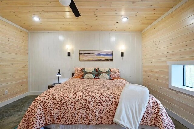 bedroom featuring wooden ceiling, ceiling fan, and wooden walls