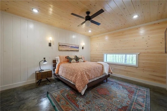 bedroom with ceiling fan, wooden ceiling, and wooden walls