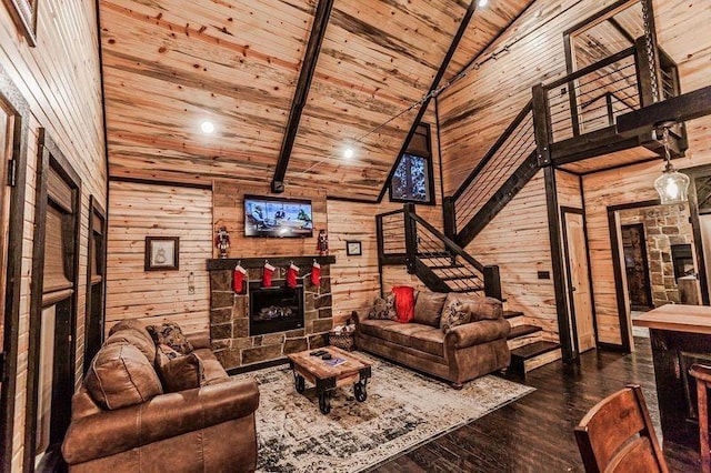 living room with beam ceiling, high vaulted ceiling, wood-type flooring, wooden walls, and wood ceiling