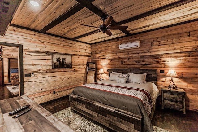 bedroom featuring wood ceiling, ceiling fan, wooden walls, an AC wall unit, and hardwood / wood-style floors