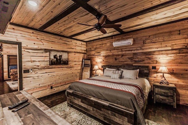 21 Mayflower Cir, Broken Bow, OK 74728 - bedroom featuring wood ceiling with exposed beams, wood walls, wood-type flooring, and an AC wall unit