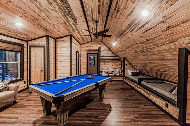 rec room featuring lofted ceiling, wood walls, wood-type flooring, and wood ceiling