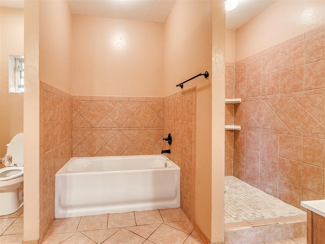 bathroom featuring tile patterned flooring, independent shower and bath, tile walls, and toilet