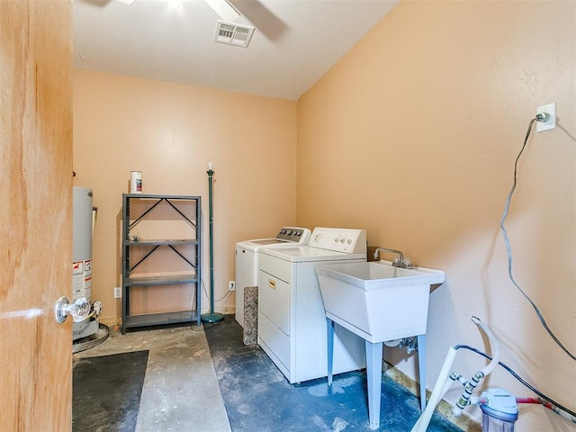 laundry room featuring independent washer and dryer, sink, and water heater