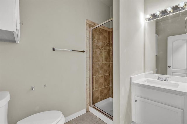 bathroom featuring tile patterned floors, vanity, an enclosed shower, and toilet